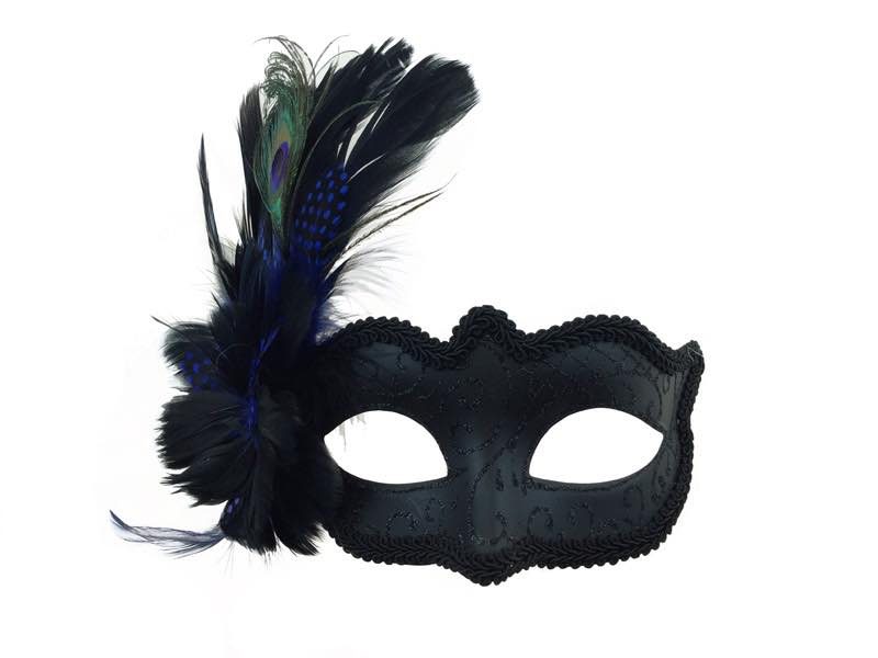 Masque noir vénitien avec plume bleue
