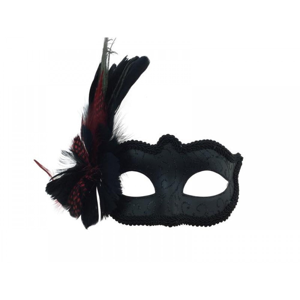 Masque noir vénitien avec plume rouge